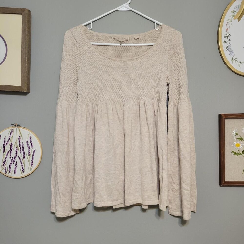 Anthropologie Knitted & Knotted Esme Smocked Bell Sleeve Sweater Angel Babydoll
